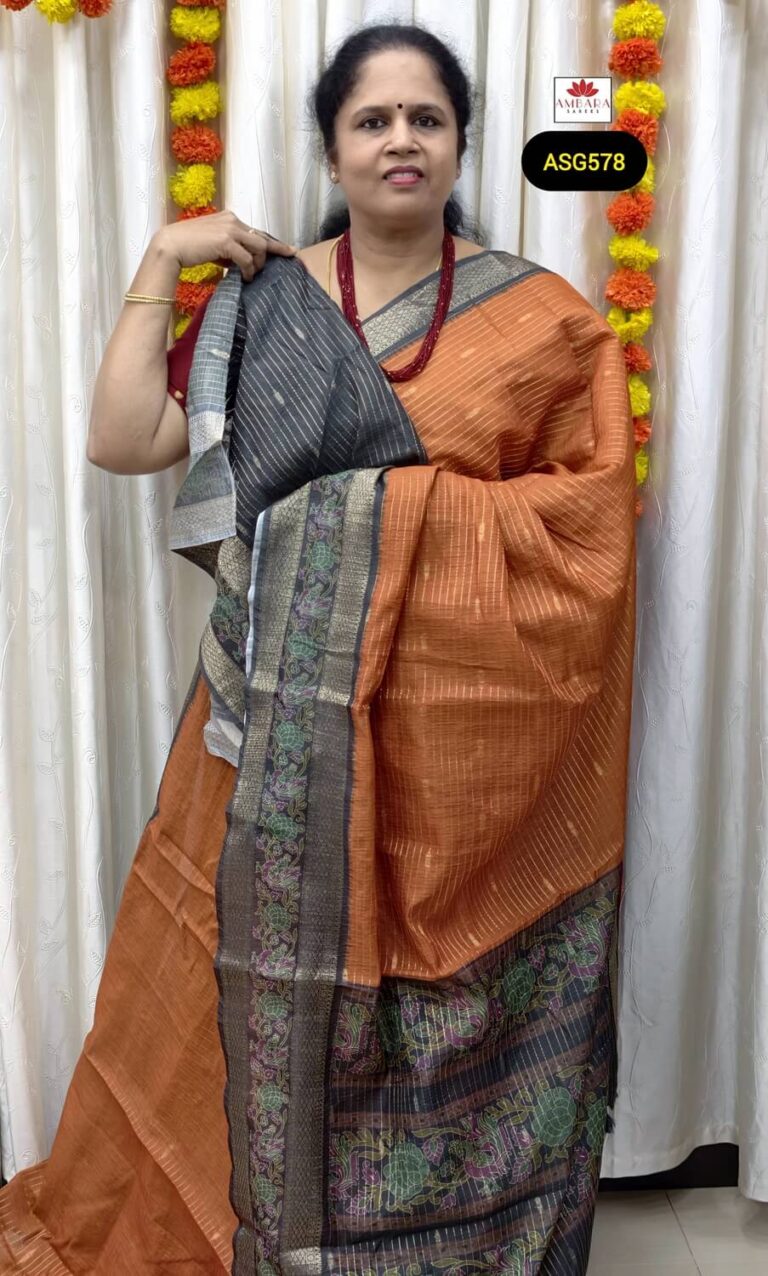 Orange Color Striped Pattern Semi Tussar Saree With Black Border | ASG578