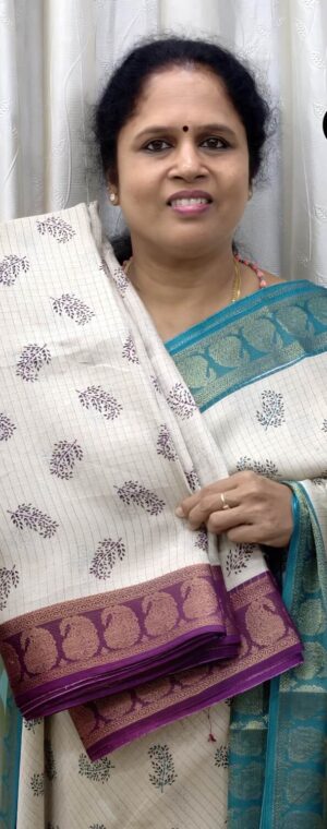 Grey Checked With Butta Printed Chiffon Saree With Vadamalli Border | ASG804