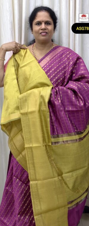 Magenta Color Checked Pattern Semi Raw Silk With Lime Yellow Border | ASG780