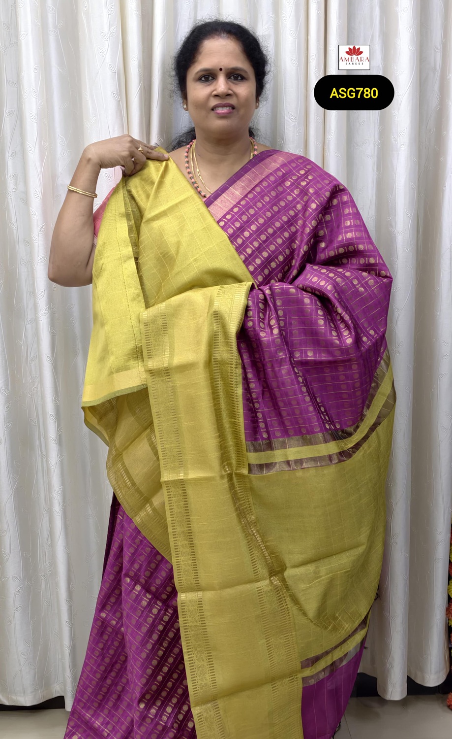 Magenta Color Checked Pattern Semi Raw Silk With Lime Yellow Border | ASG780