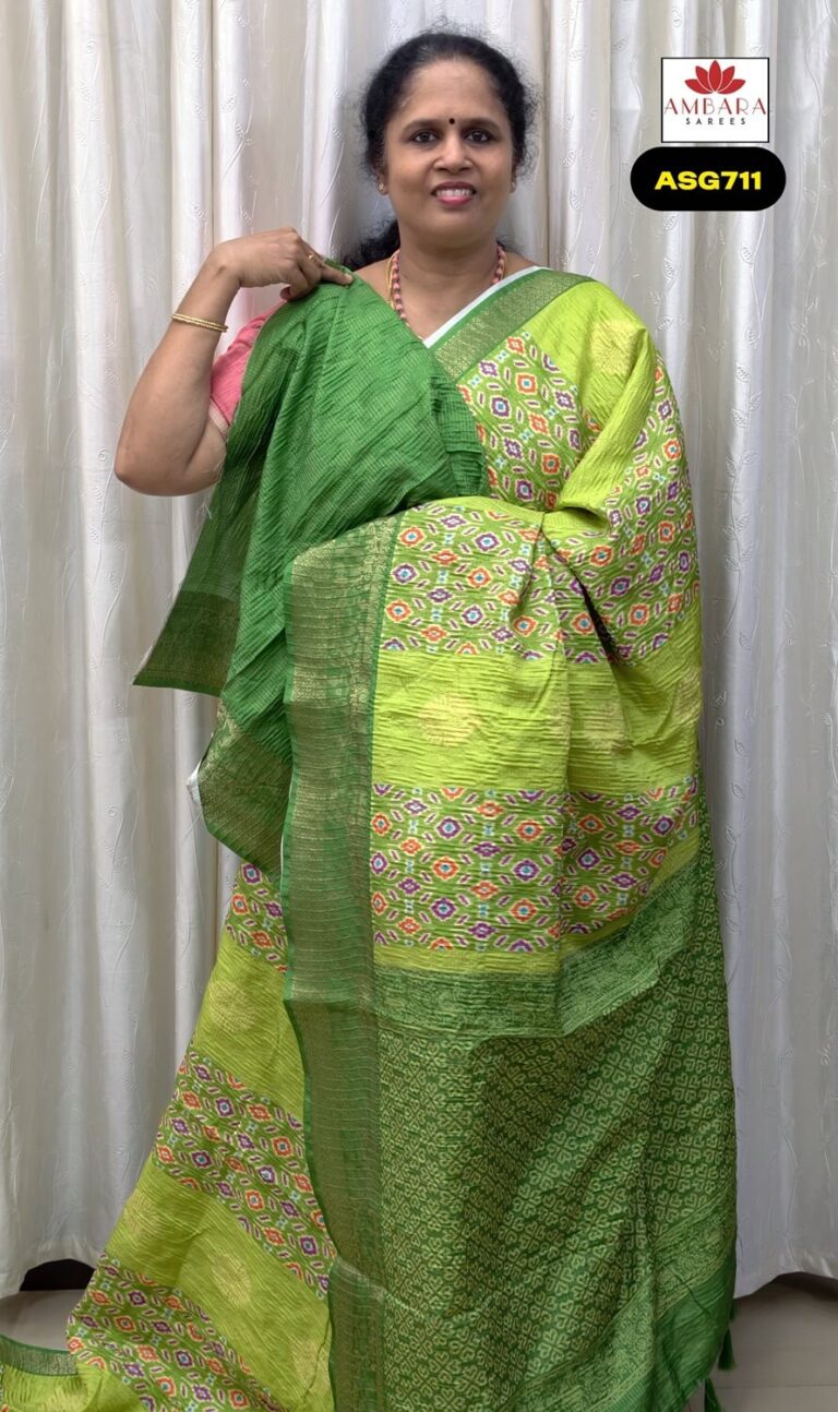 Light Green Crushed Semi Tussar Saree With Contrast Border | ASG711