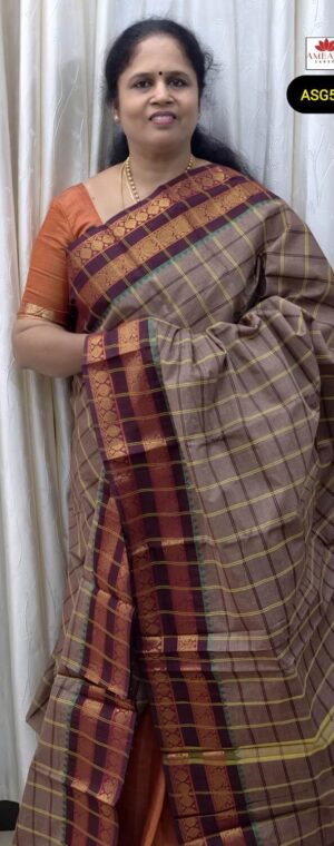 Grey Handloom Cotton Saree Temple Border Striped Pallu | ASG502