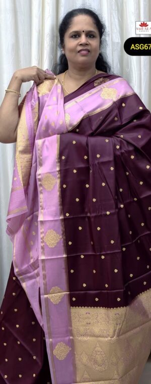 Brown Color Gold Zari Weaved Gajji Silk Saree With Pink Border | ASG676