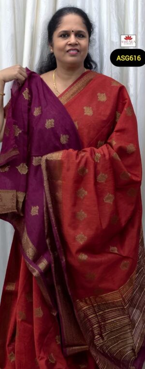 Rust Orange Gold Zari Butta Weaved Bamboo Silk Saree With Wine Border | ASG616