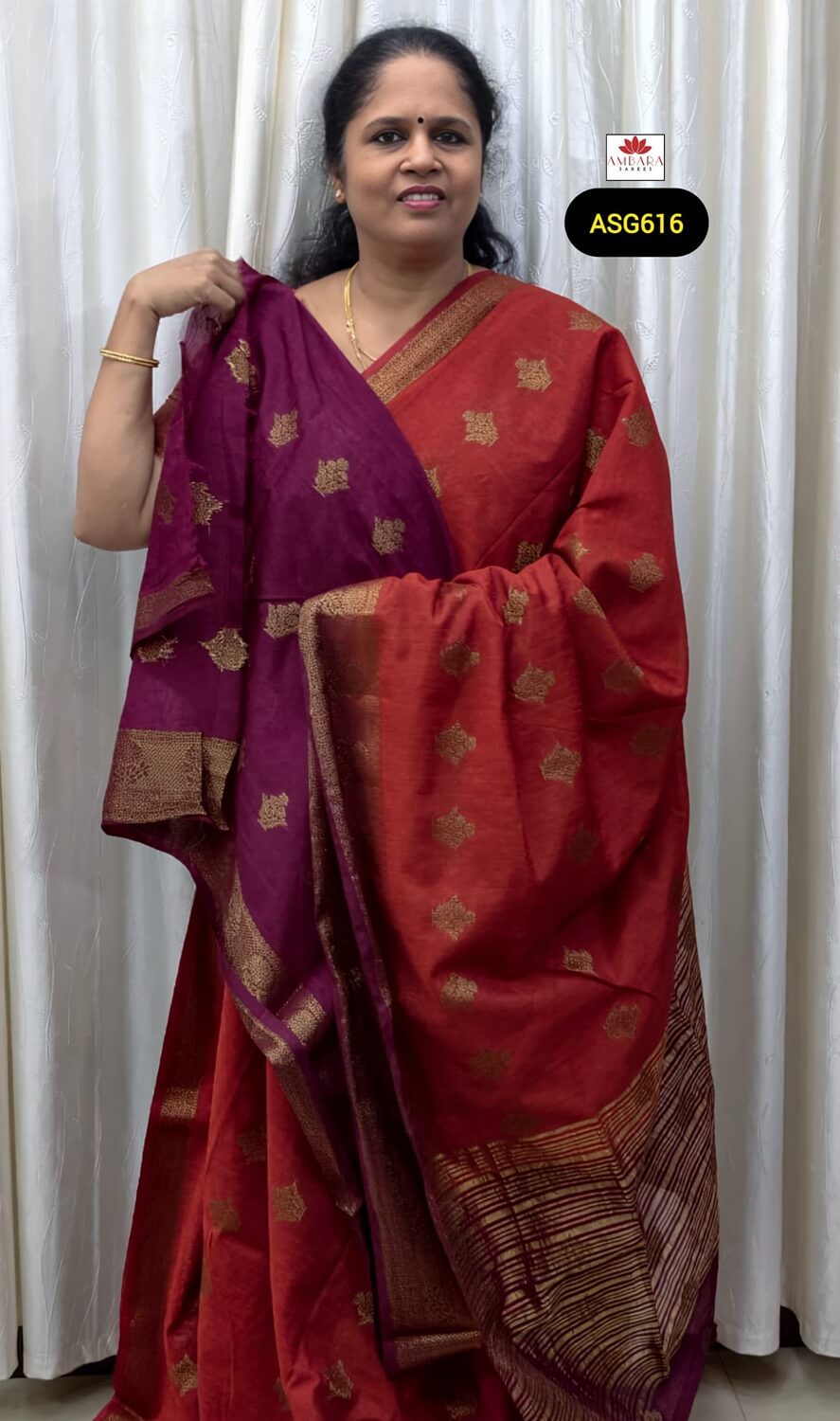 Rust Orange Gold Zari Butta Weaved Bamboo Silk Saree With Wine Border | ASG616