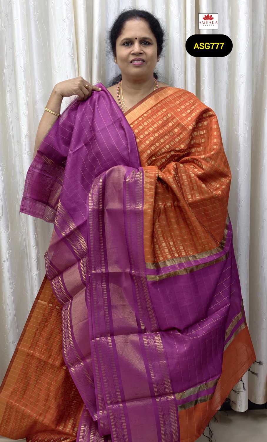 Rust Orange Checked Pattern Semi Raw Silk With Purple Border | ASG777